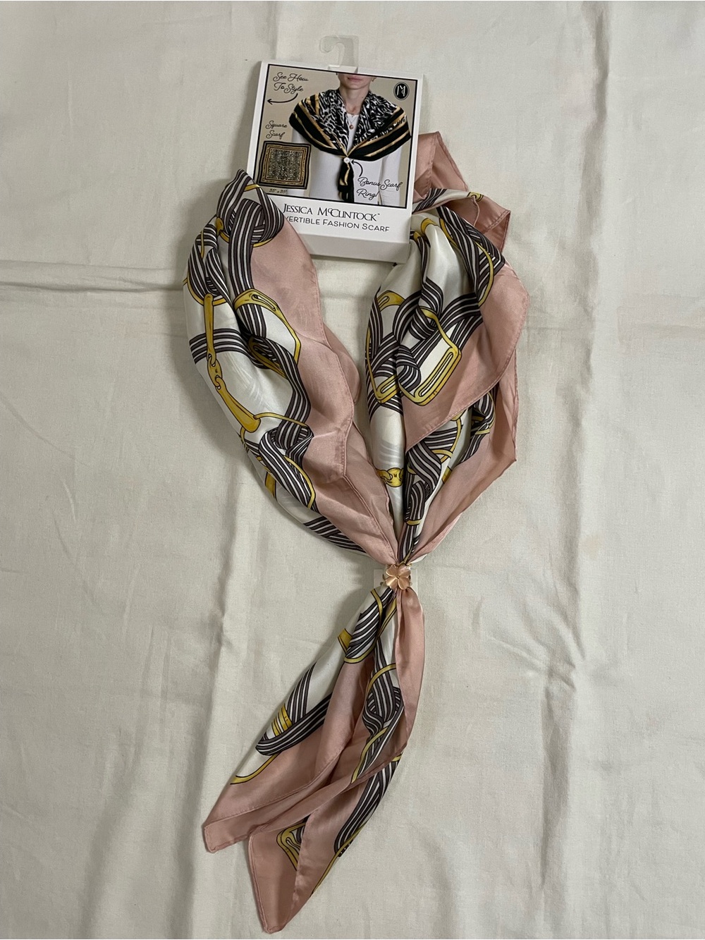 Jessica McClintock blush ivory chain print satin square scarf 35”x35”